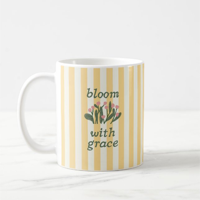 Caneca De Café Floresça Com Graça Citação Amarela Listrada Fofa (Esquerda)