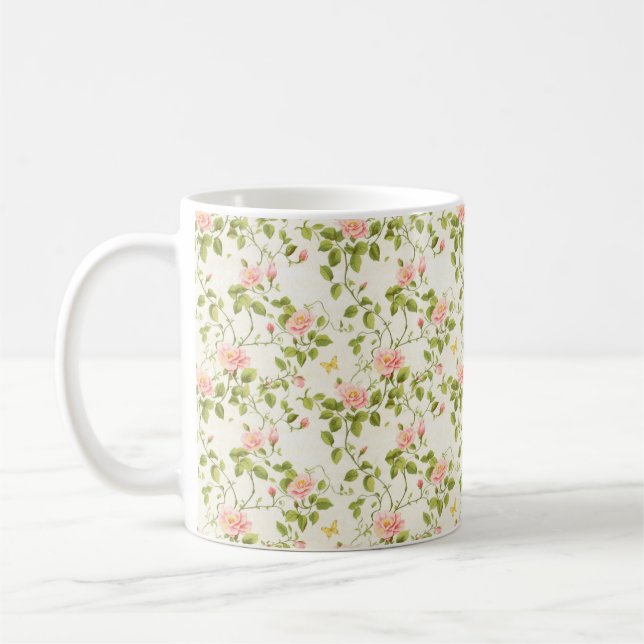 Caneca De Café Florescer de Videira Rosa Elegante (Esquerda)