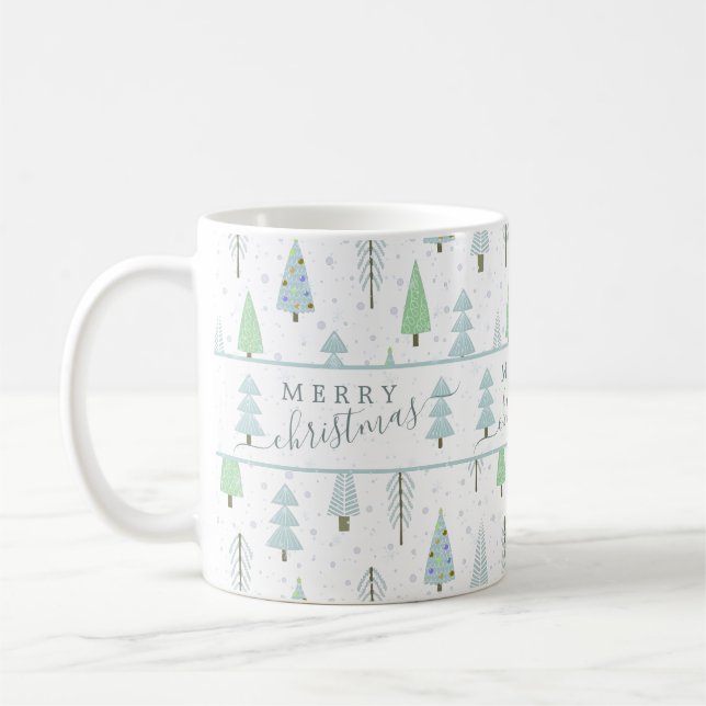 Caneca De Café Floresta de Natal Moderna Verde Azul (Esquerda)