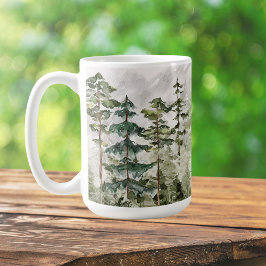 Caneca De Café Floresta de Pinheiros Verde Aquarela na Montanha