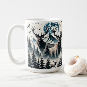Caneca De Café Floresta Mística de Alces na Montanha ao Luar