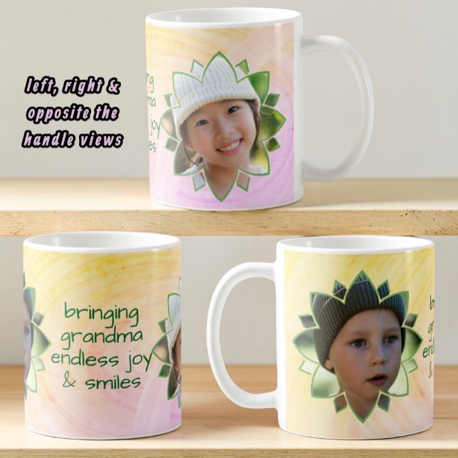 Caneca De Café Flower Shape Replaceable Photo Colorful Background (Fun double photo mug with template text centered opposite the handle.)