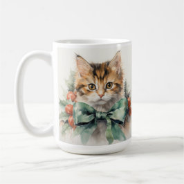 CANECA DE CAFÉ FLUFFFFY HOLIDAY CALICO KITTEN COM ARCO VERDE