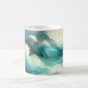 Caneca De Café Fluxo Dourado Oceânico Ondas Abstratas