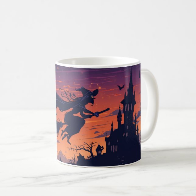 Caneca De Café Flying Witch Mug | Classic Halloween Coffee Cup (Frente Esquerda)