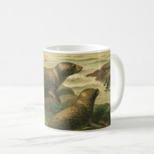 Caneca De Café Focas-leopardo, Vintage Aquatic Animais Marine Lif