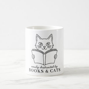 Caneca De Café Fofa Fácilmente Distraída Por Livros & Gatos