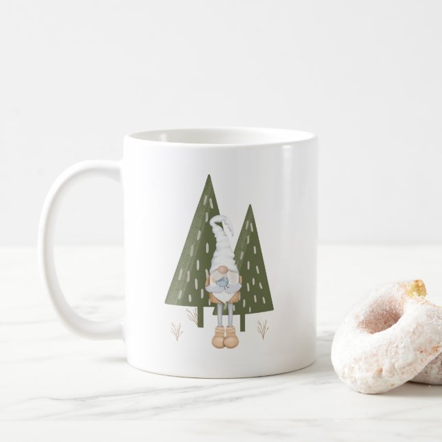 Caneca De Café Fofo Gnomo Escandinavo Pássaro Pinheiros (Com Donut)