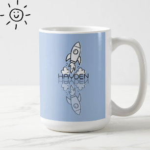 Caneca De Café Foguete Azul Fofo Reflexo Doodle Nome Personalizad
