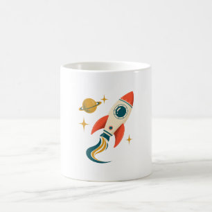 Caneca De Café Foguete Retro de Marfim e Coral com Planeta Anelad