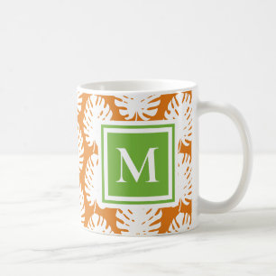 Caneca De Café Folha de Monstera Verde Laranja Branco Monograma C