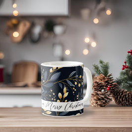 Caneca De Café Folha De Natal Azul E Dourada Moderna