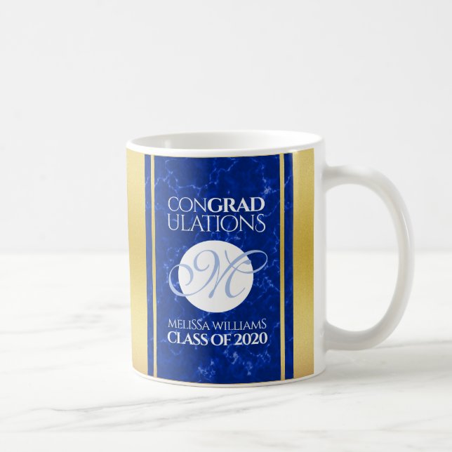 Caneca De Café Folha de Ouro Azul Marble Monograma de Graduação E (Direita)