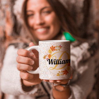Caneca De Café Folha de Outono Monogramada e Nome Personalizado