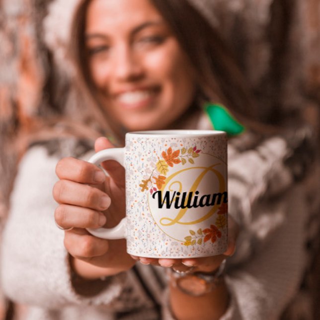 Caneca De Café Folha de Outono Monogramada e Nome Personalizado (Criador carregado)