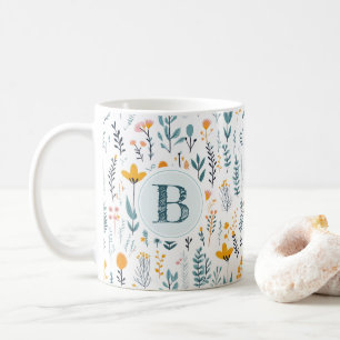 Caneca De Café Folha Floral Padrão Alfabético Café