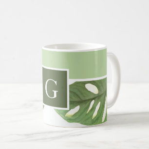 Caneca De Café Folha Monstera Verde Monograma