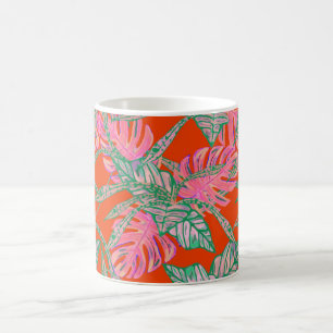 Caneca De Café Folha Tropical de Palma monstera coleira vermelha