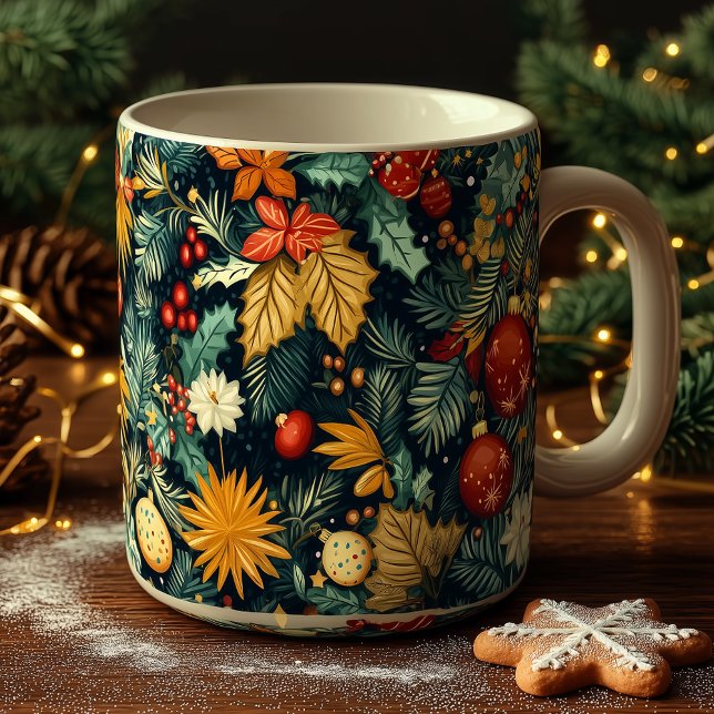 Caneca De Café Folhagem clássica de Natal com ornamentos vermelho (Criador carregado)