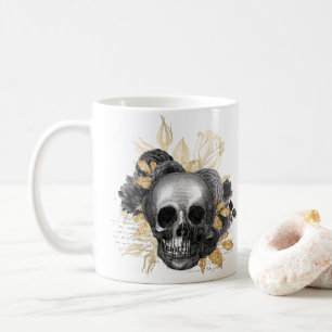 Caneca De Café Folhagem dourada do crânio dos rosas pretos do Vi