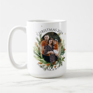 Caneca De Café Folhagem Folhas Verdes Família Foto Feliz Natal