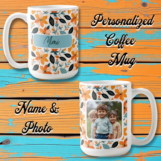 Caneca De Café Folhagem Laranja e Azul e Flores Personalizadas (Criador carregado)