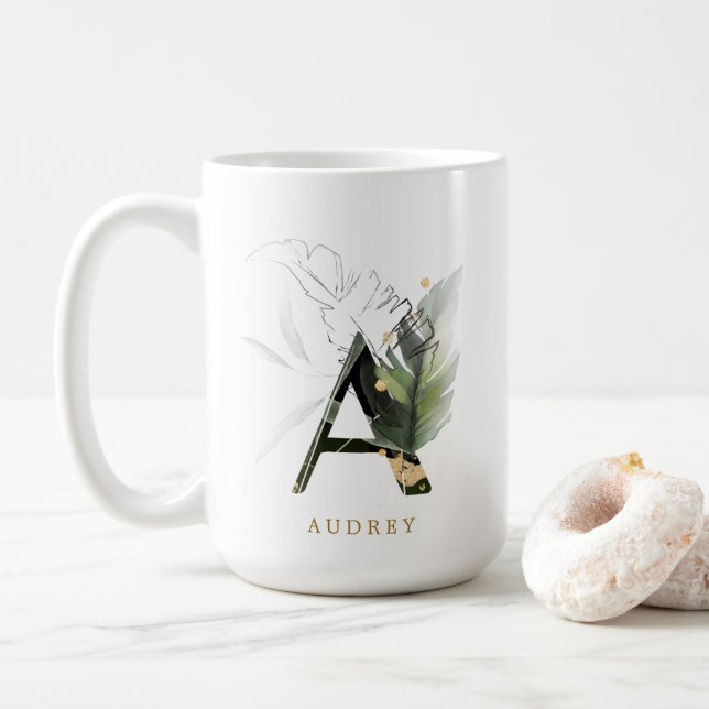 Caneca De Café Folhagem tropical Monograma - Letra "A" Personaliz (Com Donut)