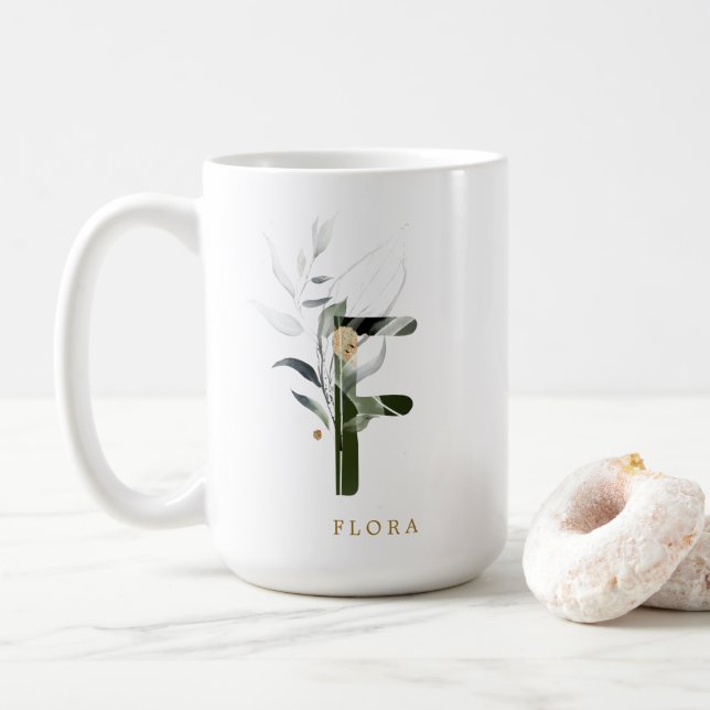 Caneca De Café Folhagem tropical Monograma - Letra "F" Personaliz (Com Donut)