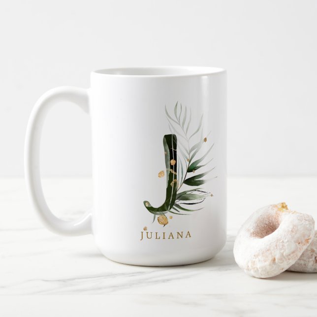 Caneca De Café Folhagem tropical Monograma - Letra "J" Personaliz (Com Donut)