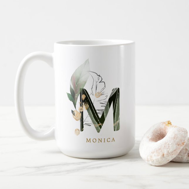 Caneca De Café Folhagem tropical Monograma - Letra "M" Personaliz (Com Donut)