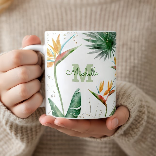 Caneca De Café Folhagem Tropical Palm Floral Monograma Script Dou (Criador carregado)