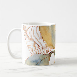 Caneca De Café Folhas Botânicas de Aquarela Azul Dourado Suave