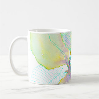 Caneca De Café Folhas Botânicas em Aquarela Amarelo Verde Pastel
