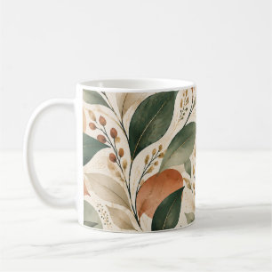 Caneca De Café Folhas Botânicas em Aquarela Terrosa Padrão Sem Co