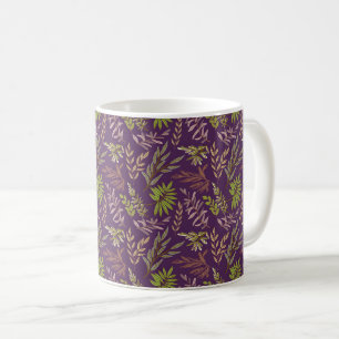 Caneca De Café Folhas Botânicas: Um Fundo Roxo Impressionante