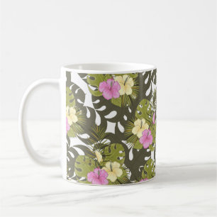 Caneca De Café Folhas da Selva Tropical e Padrão de Hibisco