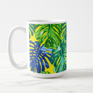 Caneca De Café Folhas da selva verde-azul-tropical Amarelo Monste