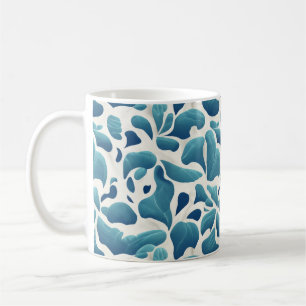 Caneca De Café Folhas de Abstrato branco e azul   Padrão costeiro