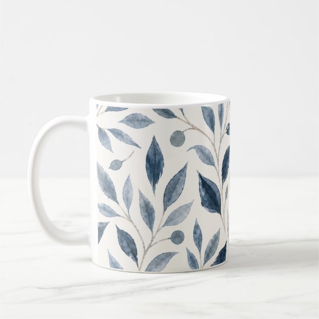 Caneca de Café Folhas de Aquarela Azul Elegante (Esquerda)