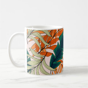 Caneca De Café Folhas de bege verde tropical, padrão sem costura.