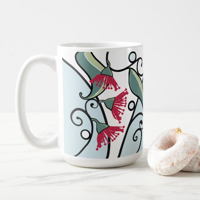 Caneca De Café Folhas de eucalipto azuis e vermelhas e padrão flo (Com Donut)