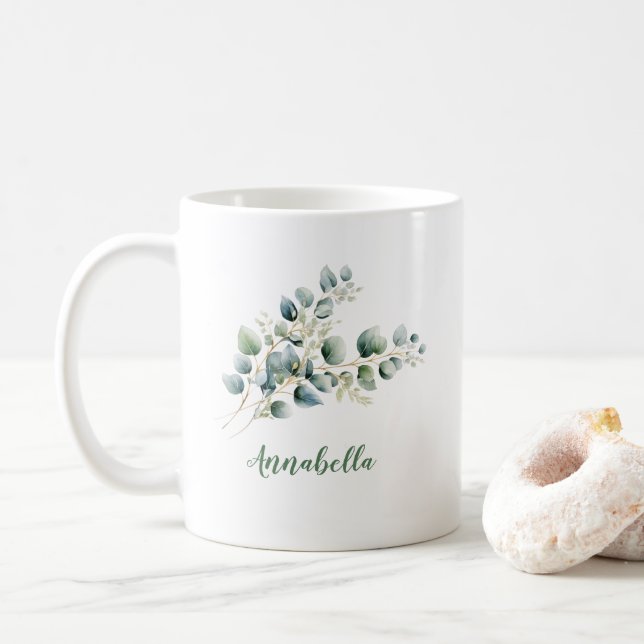 Caneca De Café Folhas de Eucalipto com Presente de Nome (Com Donut)