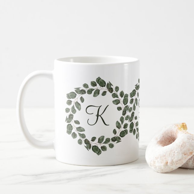 Caneca De Café Folhas de Eucalipto Monograma Elegante Moderno  (Com Donut)