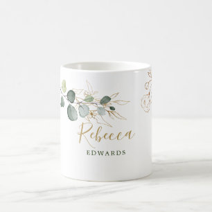 Caneca De Café Folhas de Eucalipto, ouro floral, seu nome