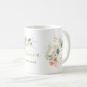 Caneca De Café Folhas de Eucalipto, rosa, quadro de ouro, seu nom