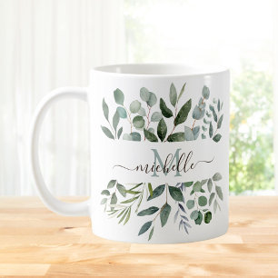 Caneca De Café Folhas de Eucalipto Verde Salvia com Monograma