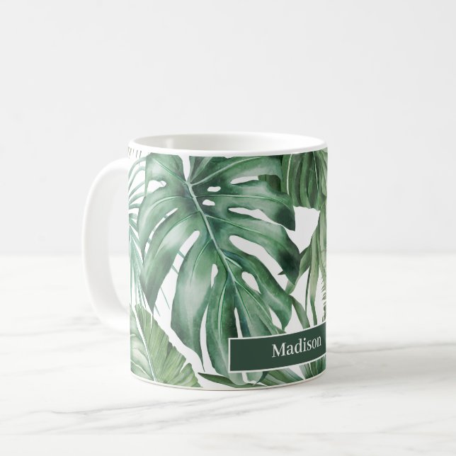 Caneca De Café Folhas de Monstera Tropical Personalizadas pela Te (Frente Esquerda)