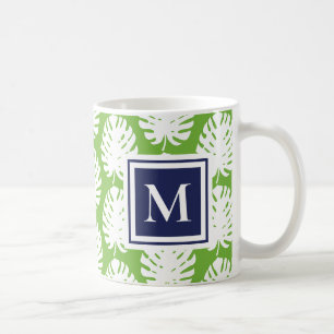 Caneca De Café Folhas de Monstera Verde Azul-Marinho Monograma Mo