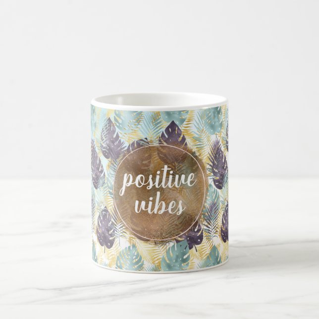 Caneca De Café Folhas de Ouro Verde Roxo Tropical Vibrações Posit (Centro)