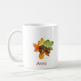 Caneca De Café Folhas de Outono e Bolota Personalizadas em Aquare